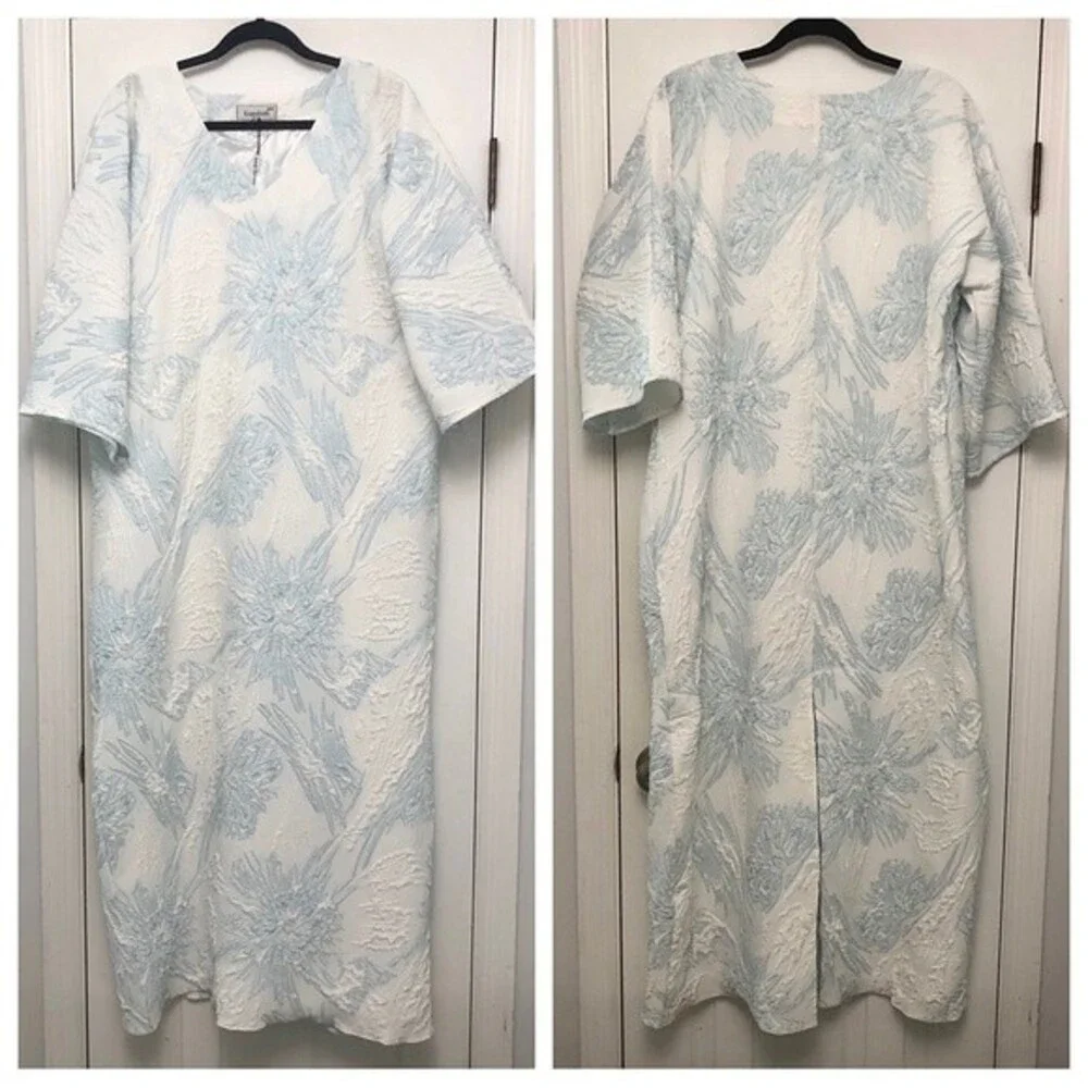 Bambah Antonia Kaftan Dress Maxi Floral Printed White Blue Brocade Textured OS
